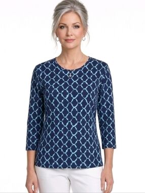 J.McLaughlin Blue Geometric Lattice Print Signature Catalina Cloth Tee Size S